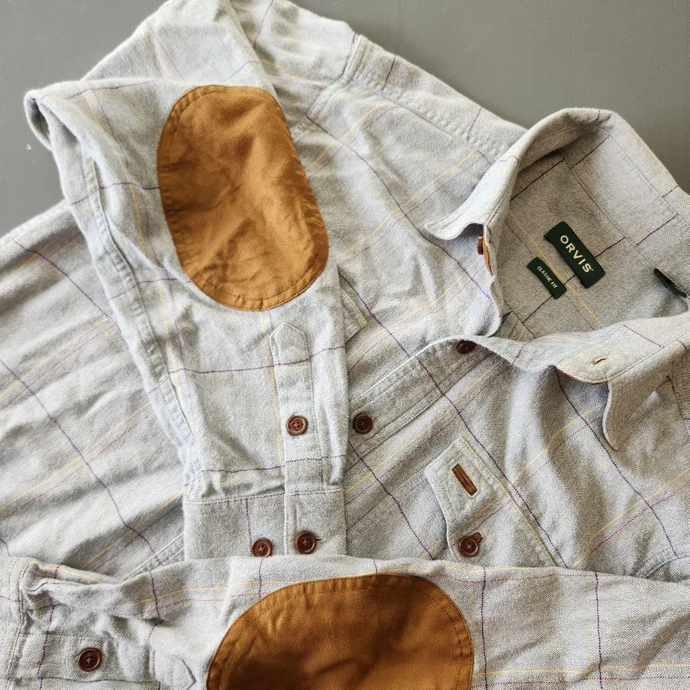 Orvis Fairbanks Shirt Mens Med Light Check Flannel Button Up SUEDED ELBOW Patch - Picture 1 of 14